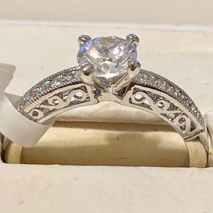 Silver Filigree Victorian Engagement Ring Size 9 10 Cubic Zirconia RhodiumPlated